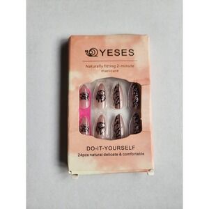 YESES Press On Nails Medium Almond Black Totem Gold Glitter Manicure Set 24pcs N
